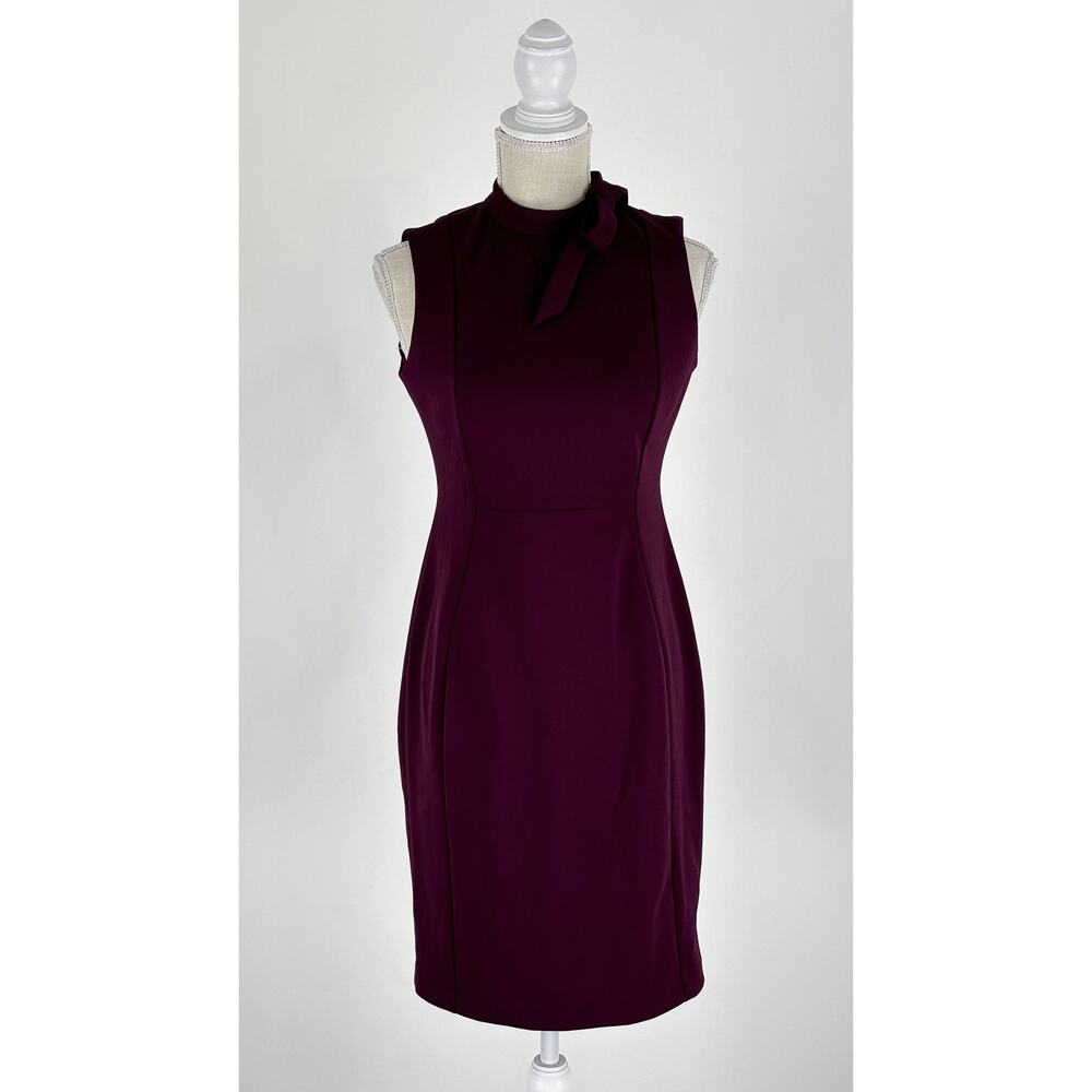 Calvin Klein Bow Neck Sheath Dress Womens Size 8 Petite New Aubergine Sleeveless - Picture 2 of 12